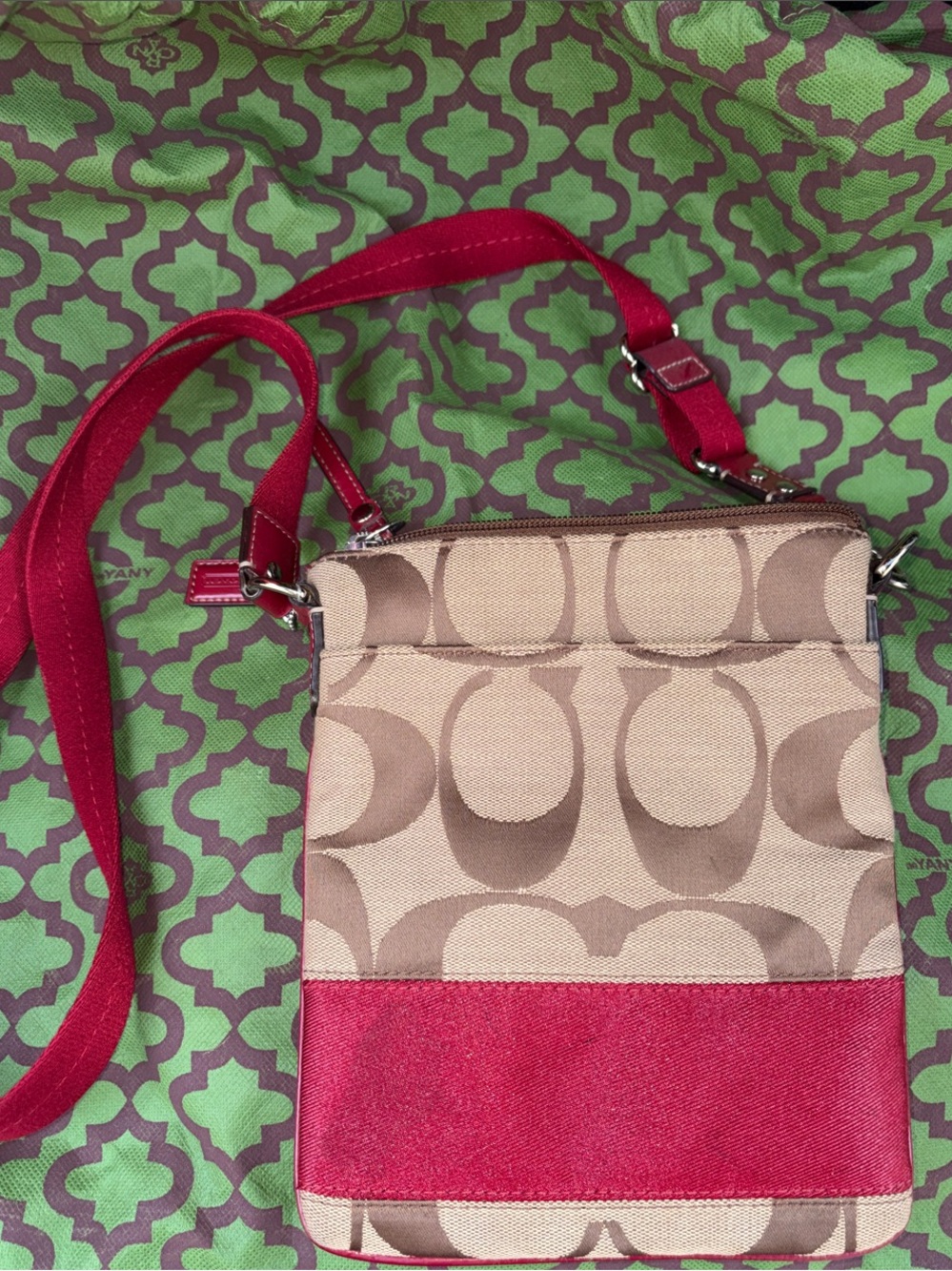 Coach Tan Signature Crossbody with Red Accent Strap